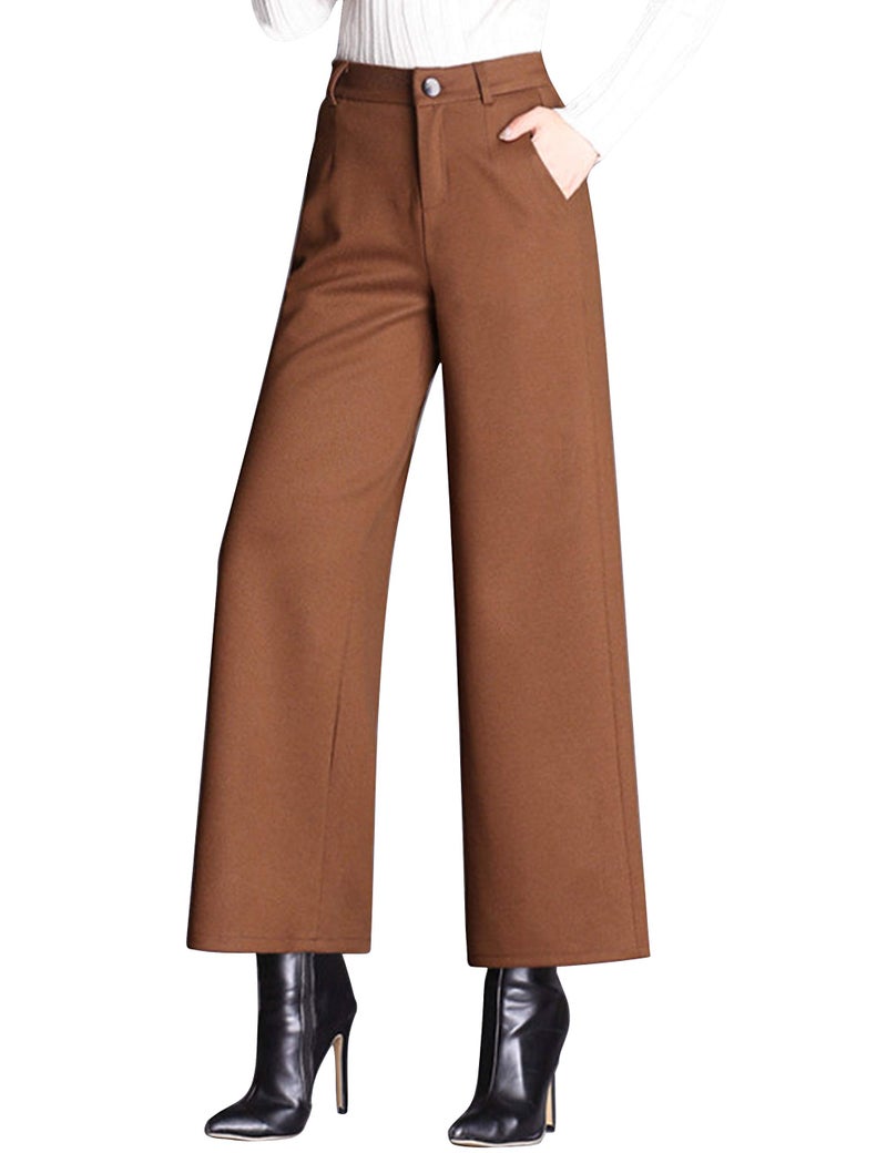 Tanming Women's Casual High Waist Trousers Wool Blend Cropped Wide Leg Pants (Large, Brown) - Image 1